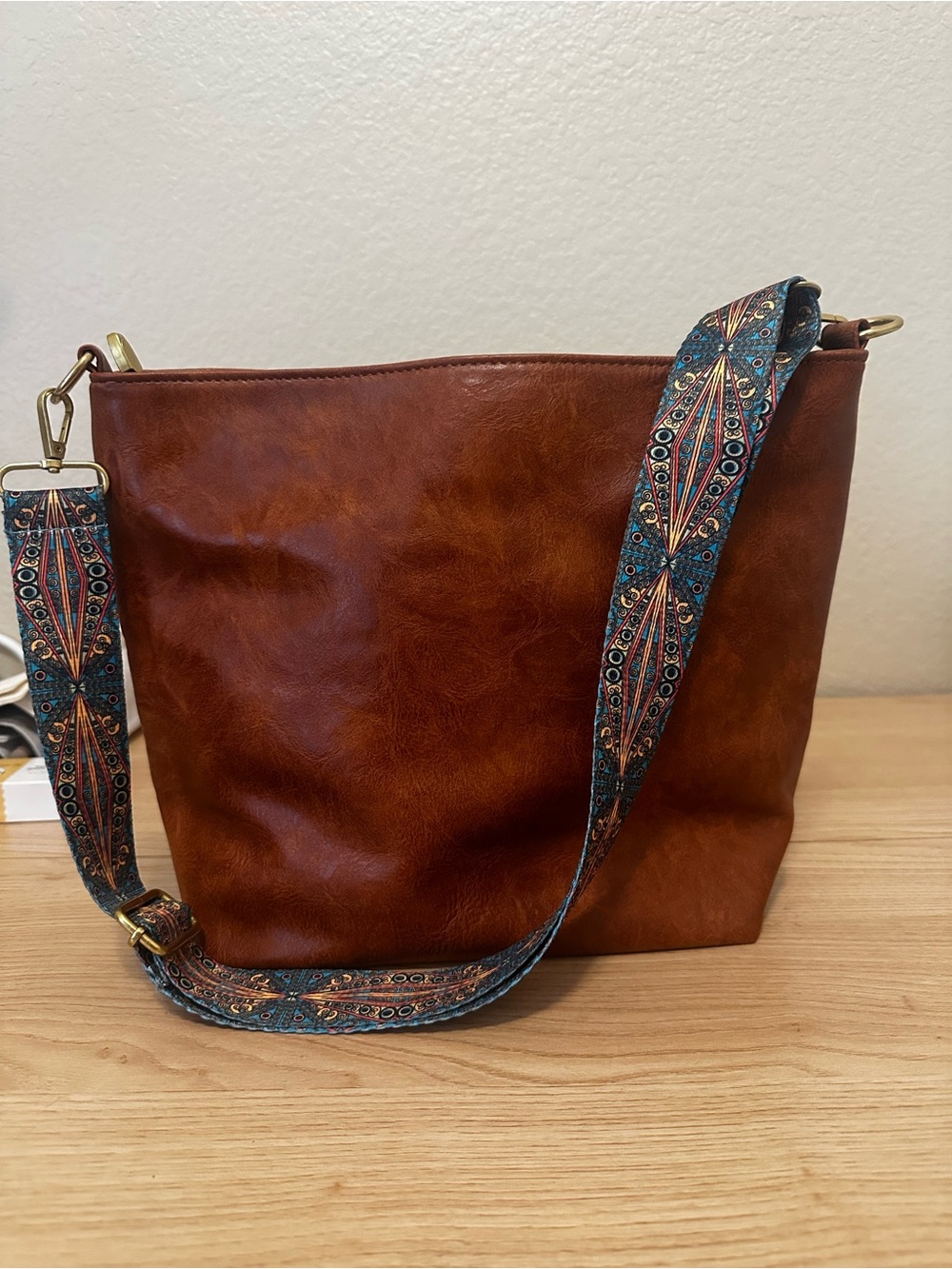 Women’s Brown Faux Leather Crossbody Bag with Patterned Strap